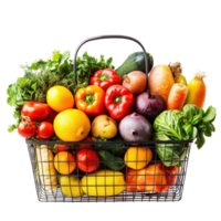 Fresh produce shopping basket filled with colorful vegetables and fruits on a bright background, Shopping basket with fresh products, Transparent background png