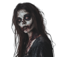 Halloween zombie woman with spooky makeup on a plain white background, Halloween Zombie female on white background png