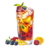 Refreshing colorful drink with ice and fruit displayed in a tall glass on a bright background, colorful drink with ice and fruit in a tall glass, Transparent background png