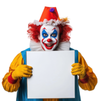 Clown holding a blank sign with a cheerful expression on a Transparent background, clown with blank board isolated on background png