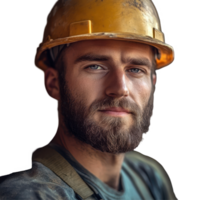 Handsome man wearing a worker helmet stands confidently beside a wall of bricks at a construction site, Handsome man in worker helmet with brick png