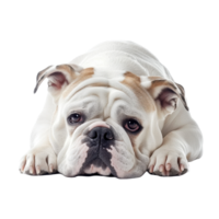 Bulldog relaxing on a smooth white surface with a serene expression and soft fur coat, Bulldog on white background png