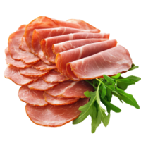 Sliced ham served with fresh arugula on a clean Transparent background, Sliced ham isolated on background png