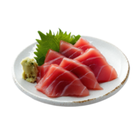Fresh tuna sashimi served on a plate with wasabi and garnished with shiso leaf, Tuna sashimi isolated on Transparent background Raw tuna fish background png