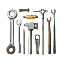 Collection of metallic tools arranged on a Transparent background for effective visual presentation, Metallic tools isolated on background png
