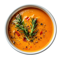 Delicious bowl of warm soup garnished with herbs on a Transparent background, view a delicious soup bowl on background png