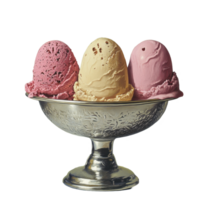 Three colorful ice cream scoops in a silver bowl set against a soft pastel background, Ice Cream Scoops png