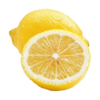 Ripe lemon fruit slices and half showcasing vibrant yellow color and juicy texture, ripe lemon fruit half and slices isolated, Fresh and Juicy Lemon White background png
