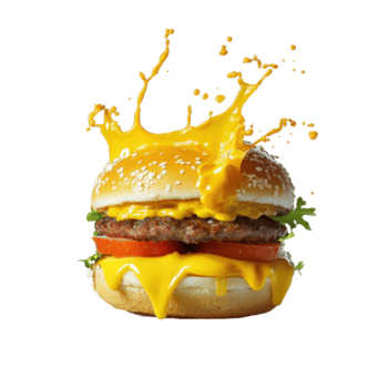 saftig hamburgare stänkte med flytande senap och vibrerande pålägg skapande en läckra scen, hamburgare varelse stänkte med flytande och senap, vit bakgrund png