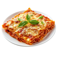 Delicious homemade lasagna plated on a Transparent background, featuring layers of pasta, meat, and cheese, Lasagna on a plate isolated on background png