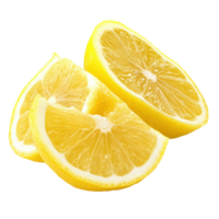 Freshly sliced ripe lemon fruit pieces arranged on a clean surface for culinary use and decoration, ripe lemon fruit half and slices isolated, Fresh and Juicy Lemon White background png