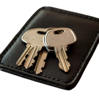 Bunch of keys resting on a black wallet against a white background in a simple and clean arrangement, bunch keys in a black wallet png