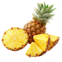 Fresh pineapple slices and whole fruit ready for healthy snacking and cooking ideas, slices and a half pineapple fruit isolated on Transparent background png