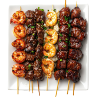 Enjoying skewers with teriyaki chicken, beef satay, and garlic prepared for a delightful meal, Skewers with Teriyaki Chicken, Beef Satay, and Garlic Lemon Shrimp on Transparent background png