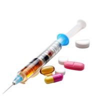 Syringe with liquid and assorted pills isolated on Transparent background for medical and pharmaceutical use, pills and syringe with liquid isolated on background png