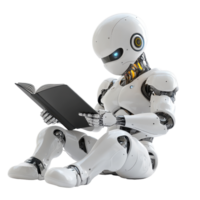 Cheerful humanoid android engages in reading a book on a white background, Cheerful Humanoid Android Reading Book on white background png
