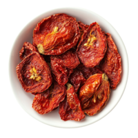 Dried tomatoes arranged in a white bowl on a clean surface for culinary use, dried tomato in plateisolated on Transparent background png
