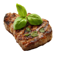 Juicy grilled steak garnished with fresh basil against a clean Transparent background, piece steak with a sprig basil on top, background png