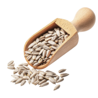Sunflower seeds in rustic wooden scoop on Transparent background for natural food presentations, sunflower seeds in wood scoop isolated on background png