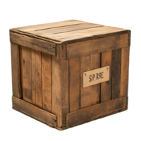 Wooden storage box marked as spare against a clean Transparent background, wooden box with a sign that says spare background png