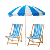 Relaxing summer beach setup with blue and white striped chairs and umbrella on a sunny day, Summer Beach Chairs with Umbrella On Transparent background png
