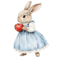 Bunny in a blue dress holding a red apple stands confidently in a whimsical setting, realistic a bunny in blue dress with an apple,, Transparent background png
