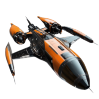 Large orange and black spaceship with propeller soaring through the cosmos, large orange and black space ship with a propeller, Transparent background png
