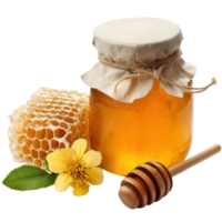 Delicious honey jar with honeycomb, flower, and wooden dipper isolated on a white background, Honey isolated on white background png