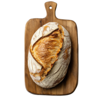 Freshly baked bread on a wooden cutting board isolated against a clean white background, Bread on a cutting board isolated on white background top view png