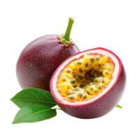 Ripe passion fruit with vibrant yellow pulp and green leaf on a clean Transparent background, ripe passion fruit with leaf isolated on background png