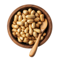 Peanuts in a wooden bowl with a spoon placed on a Transparent background showcasing a simple snack option, peanuts in wood bowl and spoon isolated on background png