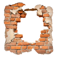 Broken brick wall with large hole revealing empty space in isolated gigapixel detail, Broken brick wall with hole in the center isolated on white background png