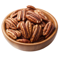 Freshly harvested pecans in a rustic wooden bowl on a clean Transparent background, Pecans in wood bowl on background png