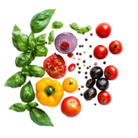 frisch Gemüse und Kräuter vereinbart worden im bunt Anzeige auf Weiß Hintergrund zum gesund Rezepte, Essenisoliert auf Weiß Hintergrund png