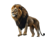 Lion stands majestically on a rocky ledge with stunning backdrop of mountains and clouds, Lion standing on a rocky ledge with a backdrop stone wall and mist, Transparent background png
