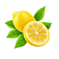 Freshly sliced lemon fruit with vibrant green leaves displayed on a clean background, lemon fruit with leaves, slice and half isolated, Fresh and Juicy LemonTransparent background png