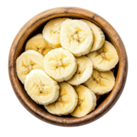 Sliced bananas displayed in a wooden bowl on a Transparent background for healthy snacking options, slice bananas in bowl isolated on background png