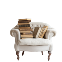 Cozy reading nook with plush chair and neatly organized stack of books, Reading Nook with Plush Chair and Organized Book Stack on Transparent background png