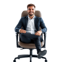 Businessman sitting comfortably on office chair with a confident smile in a modern workspace setting, Businessman Sitting on Office Chair and Smiliing png