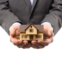 Business person presents a model of a house showcasing a commitment to real estate investment, Business person holding a model a house in protective hands isolated on white backgroundimage png