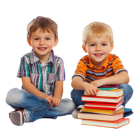 pequeño Niños leyendo libros juntos en un transparente antecedentes en un soleado aprendizaje ambiente, pequeño Niños con libros aislado en antecedentes png