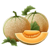 Fresh cantaloupes with vibrant green leaves placed on a Transparent background for a clean and natural presentation, melons or cantaloupe with leaf isolated on background png