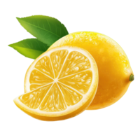 Fresh and juicy lemon fruit slice and half display showcasing vibrant yellow color and refreshing appeal, ripe lemon fruit half and slices isolated, Fresh and Juicy LemonTransparent background png