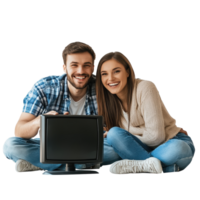 Couple enjoying a cozy evening watching television together in a bright and cheerful setting, Smiling Couple Watching Television, Transparent background png