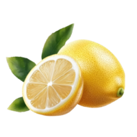 Fresh lemon with one half sliced showing juicy interior and vibrant skin isolated on transparent background, lemon isolated on trransparent png