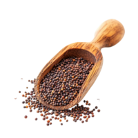 Mustard seeds in a wooden scoop on a clean Transparent background, mustard seeds in wood scoop isolated on background png