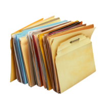 Organized file folders containing various documents arranged neatly on a white background, File folders with documents on white background png