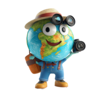 Globetrotting Earth character with camera exploring diverse landscapes and cultures, Globetrotting Earth Character with Camera Travel Concept on white background png