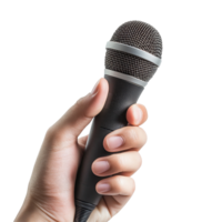 Microphone held in hand against a Transparent background for performance or announcement purposes, Microphone in Hand, background png