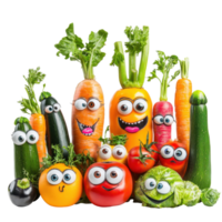 Fun group of colorful vegetables with eyes and mouths on white background, group vegetables with eyes and mouths, white background png